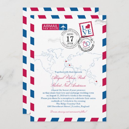 ロンドンとイタリア航空便 | ウェディング 招待状 (正面/裏面)