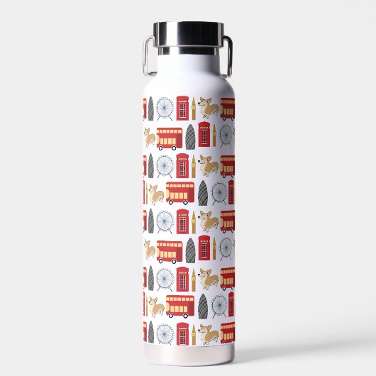 ロンドンのアイコンとランドマークのパターン ウォーターボトル (正面)