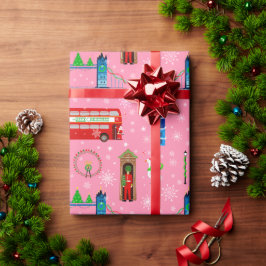 ロンドンのクリスマス ピンク パターンの背景 ラッピングペーパー