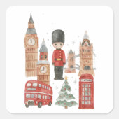 ロンドンのクリスマス 水彩画 赤いバス、ビッグ・ベン スクエアシール (正面)
