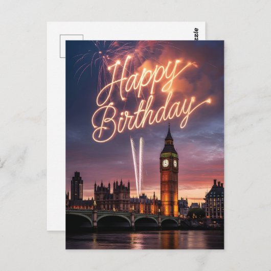 ロンドンのシティスケープの誕生日メッセージと花火 ポストカード (正面/裏面)