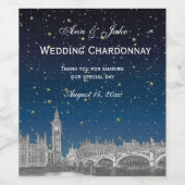 ロンドンのスカイラインが刻まれた星空の青いグラデーション背景 ワインラベル (シングルラベル)