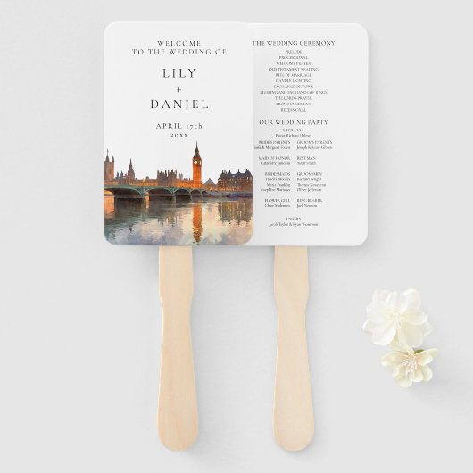 ロンドンのスカイラインの水彩結婚式プログラム ハンドファン (正面&裏面)