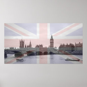 ロンドンのスカイラインの英国国旗の旗 ポスター