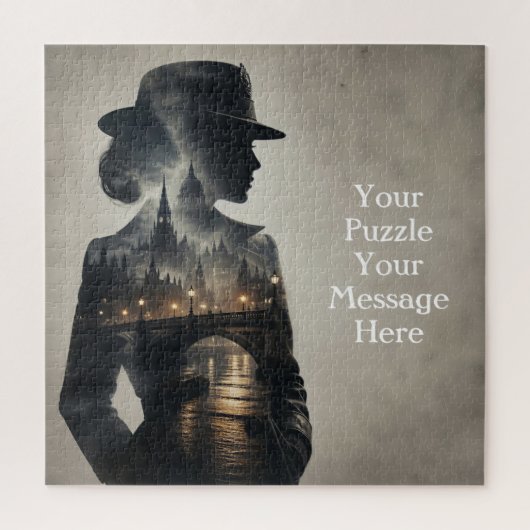 ロンドンのスカイラインの風景の中の女性 ジグソーパズル (縦)