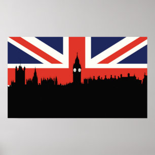 ロンドンのスカイライン イギリスの旗 ポスター
