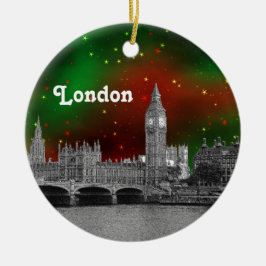 ロンドンのスカイライン・エッチング、緑と赤の星空 クリスマス セラミックオーナメント
