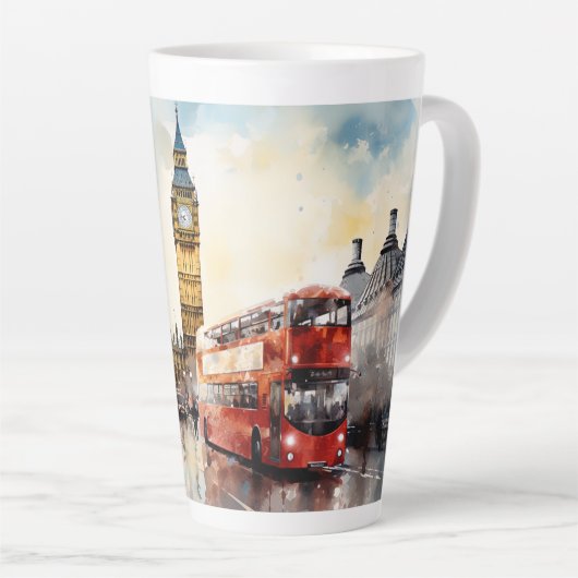 ロンドンのビッグベンと赤バス カフェラテマグ (右アングル)