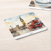 ロンドンのビッグベンと赤バス スクエアペーパーコースター (アングル)