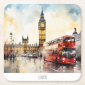 ロンドンのビッグベンと赤バス スクエアペーパーコースター (正面)