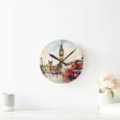 ロンドンのビッグベンと赤バス ラウンド壁時計 (ホーム)