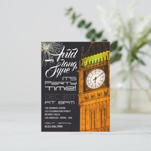ロンドンのビッグベン、大晦日パーティの招待状 ポストカード (スタンド正面)