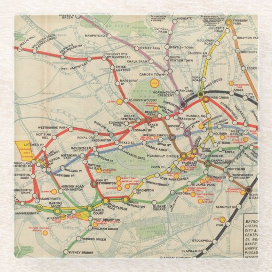 ロンドンの地下鉄道の地図 ガラスコースター (正面)