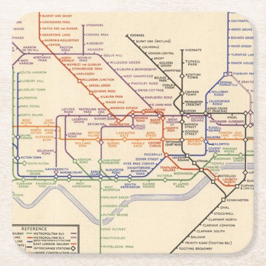 ロンドンの地下鉄道の地図 スクエアペーパーコースター (正面)