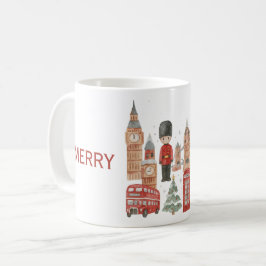ロンドンの水彩クリスマス: 赤いバスとビッグ・ベン コーヒーマグカップ