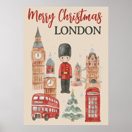 ロンドンの水彩クリスマス 赤いバス、ビッグ・ベン ポスター (正面)