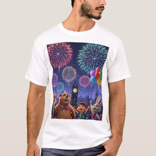 ロンドンの花火と可愛い動物の友達 Tシャツ (正面)