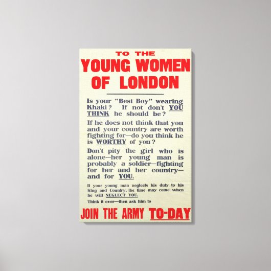 ロンドンの若い女性に募集のポスター キャンバスプリント (正面)