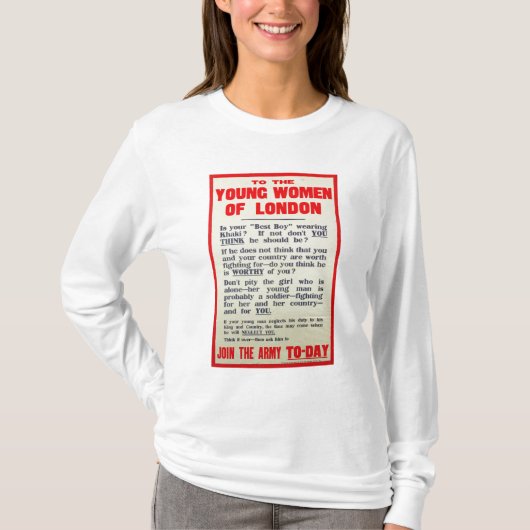 ロンドンの若い女性に、募集ポスター、 Tシャツ (正面)