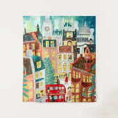 ロンドンの街の雪のクリスマスイラストレーション タペストリー (正面)