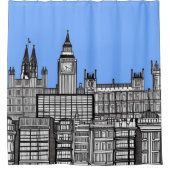 ロンドンの街並み（青い空と白黒） シャワーカーテン (正面)