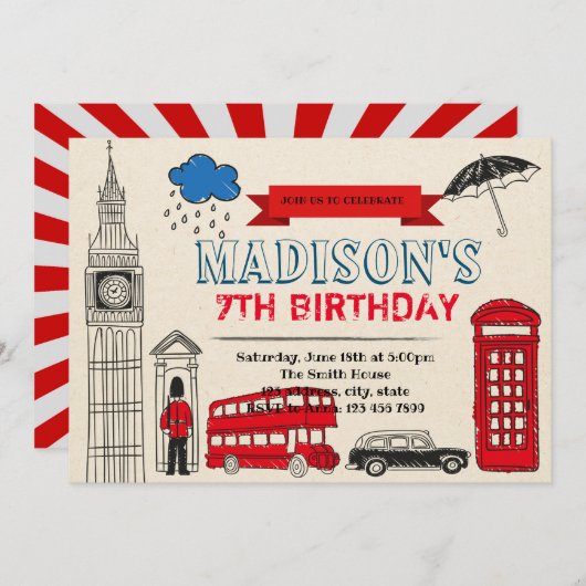 ロンドンの誕生日パーティーの招待状 招待状 (正面/裏面)