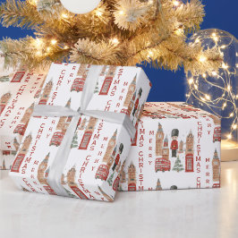 ロンドンの赤いバスとビッグベンのメリークリスマス ラッピングペーパー
