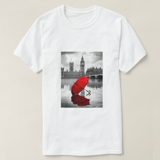 ロンドンの雨：テムズ川の赤い傘 Tシャツ (デザイン正面)