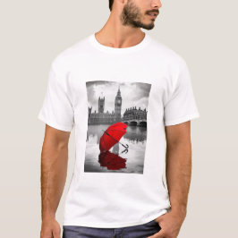 ロンドンの雨:テムズ川の赤い傘 Tシャツ