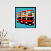 ロンドンの3つのバスのターコイズ背景 ポスター (キッチン)