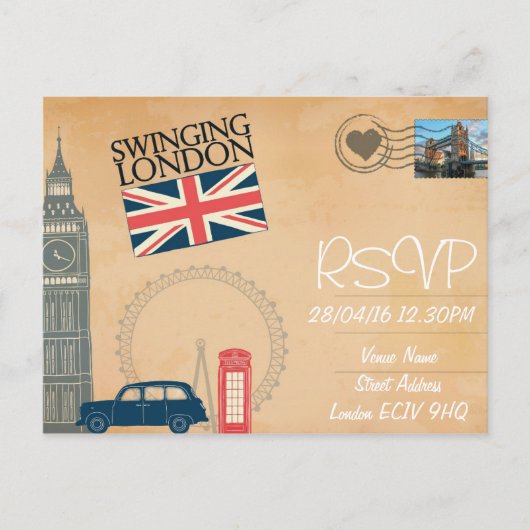 ロンドンをテーマにした写真付き結婚式RSVP招待状 インビテーションポストカード (正面)