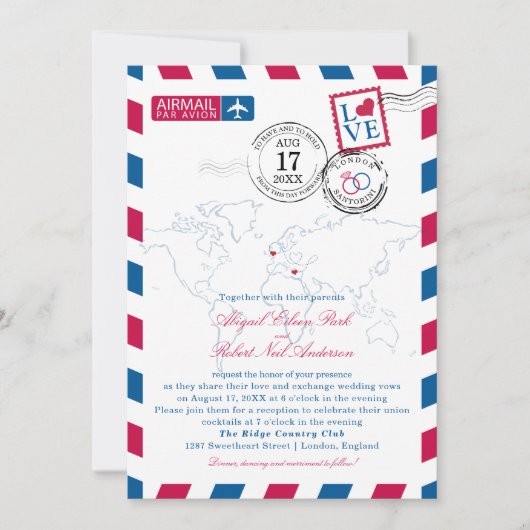 ロンドンアンドサントリーニエアメール結婚式招待状 招待状 (正面)