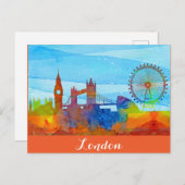 ロンドンイングランドシティスカイラインウォーターカラー ポストカード (正面/裏面)