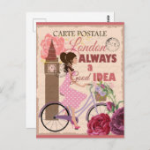ロンドンイングランドピンクヴィンテージ旅行 ポストカード (正面/裏面)