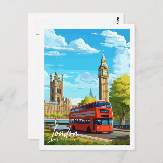 ロンドンイングランドヴィンテージトラベルプレイスイラストレーション ポストカード (正面/裏面)