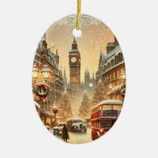 ロンドンクリスマスカード - ロンドンのホリデーシーン セラミックオーナメント