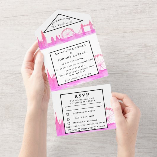 ロンドンシティRSVPウォータカラーピンクモダン結婚ズ オールインワン招待状 (貼ってはがせる)