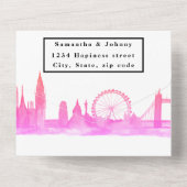 ロンドンシティRSVPウォータカラーピンクモダン結婚ズ オールインワン招待状 (裏面)