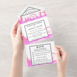 ロンドンシティRSVPウォータカラーピンクモダン結婚ズ オールインワン招待状