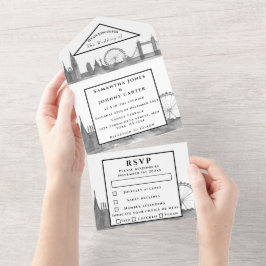ロンドンシティRSVPウォータカラーブラックモダンズ結婚 オールインワン招待状