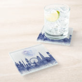 ロンドンスカイライン-ウォーターカラーブルー ガラスコースター (アングル)