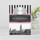 ロンドンスカイラインBW Blk Wht Strpピンク誕生日Pty 招待状 (スタンド正面)