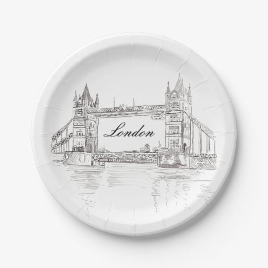 ロンドンタワーブリッジブラックアンドホワイトインクスケッチ ペーパープレート (正面)