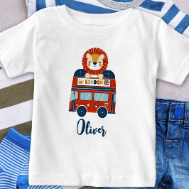 ロンドンバスと可愛いライオンの赤ちゃんのオリジナルデザイン ベビーTシャツ