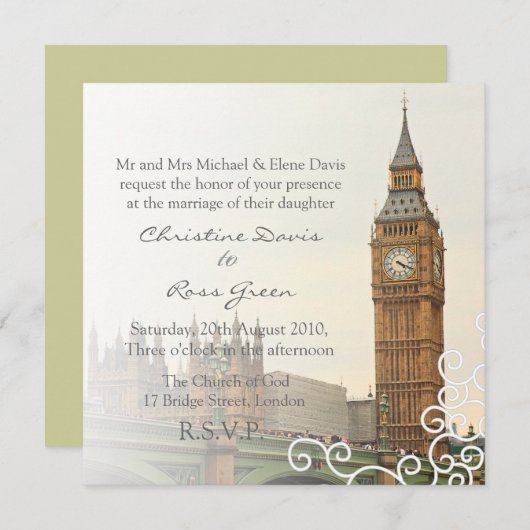 ロンドンビッグベンの名前入りな結婚式招待状 招待状 (正面/裏面)