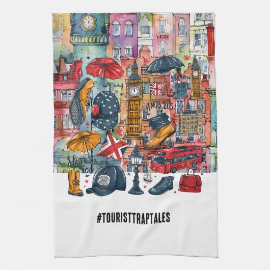 ロンドンビッグベンダブルデッキバスウェストミンスター観光客 キッチンタオル (縦)