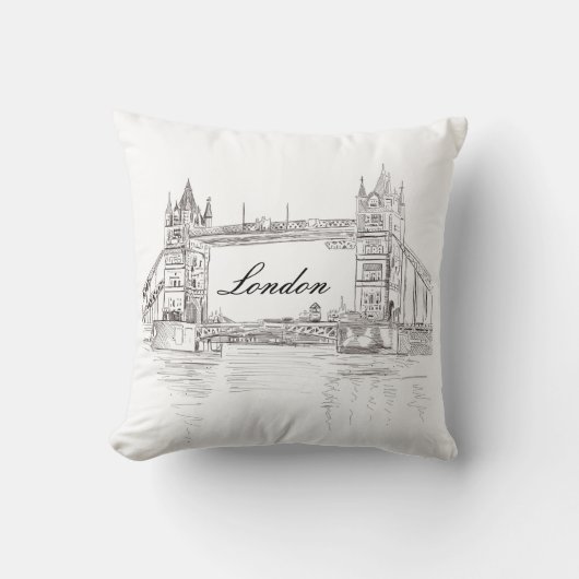ロンドンブリッジグレーインク建築イラストレーション クッション (正面)