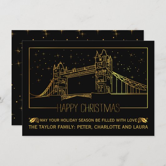 ロンドンモダンタワーブリッジ「ハッピークリスマス」金ゴールド シーズンカード (正面/裏面)