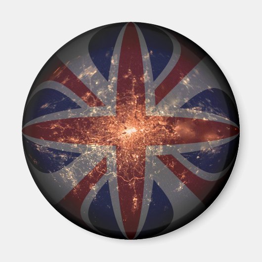 ロンドン上空の夜のイギリスのフィッシュアイ国旗 マグネット (正面)