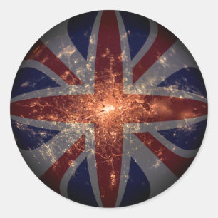 ロンドン上空の夜のイギリスのフィッシュアイ国旗 ラウンドシール